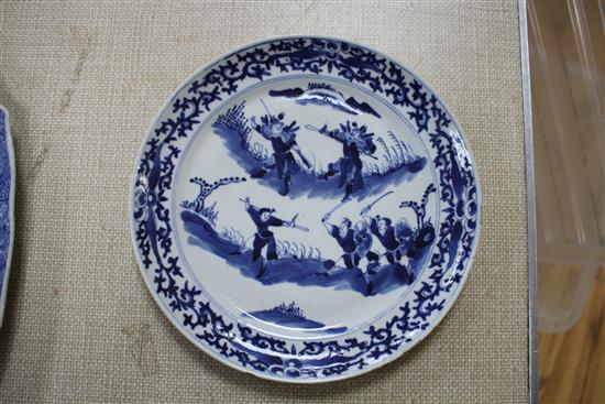 Two 18th century Chinese blue and white octagonal meat plates, 25cm and 31cm, a circular plate decorated with warriors, 25cm, another w